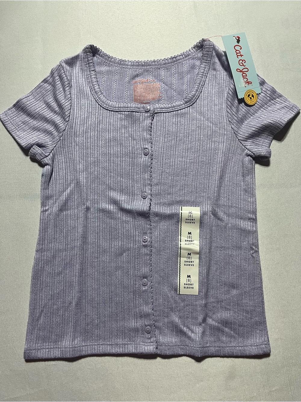 Cat & Jack Lavender Girls Medium Ribbed Button-Front Scoop Neck Short Sleeve Top